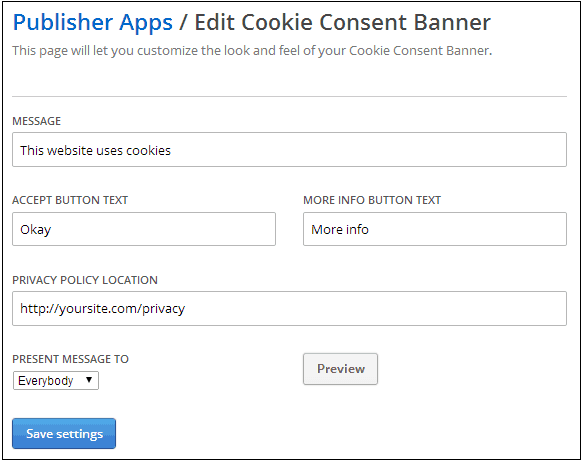 Edit Settings for Cookie Consent Banner by Shareaholic