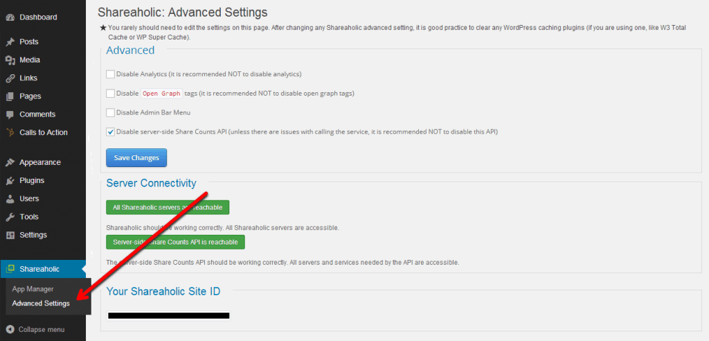 Shareaholic plugin, Advanced Settings