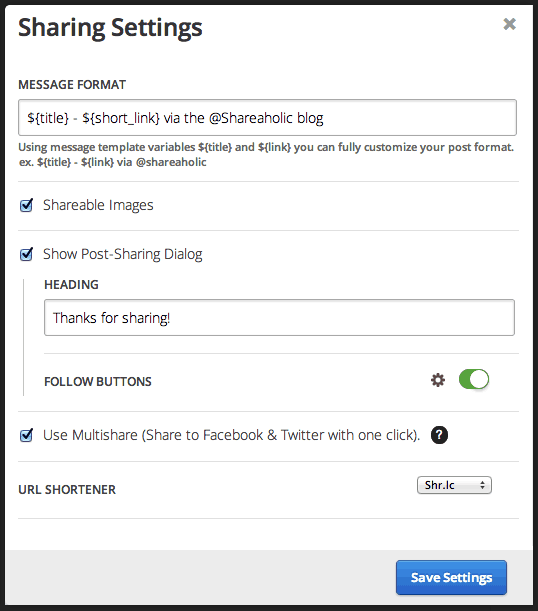 Advanced Shareaholic Share Button Settings