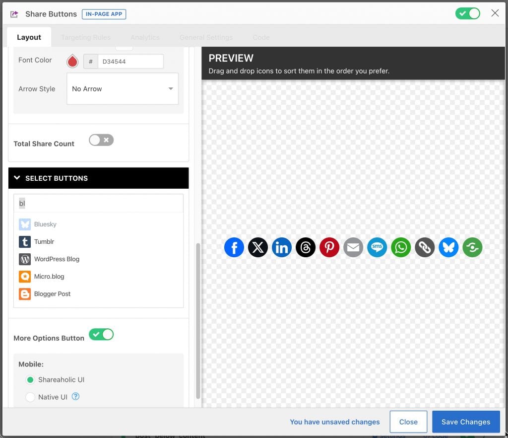 Configure Share Buttons - drag & drop
